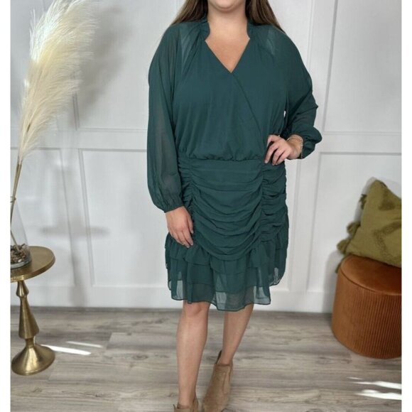 Andree By Unit 2X Dress Dark‎ Teal Chiffon Layered Longsleeve Blue Green Lined - Picture 1 of 13